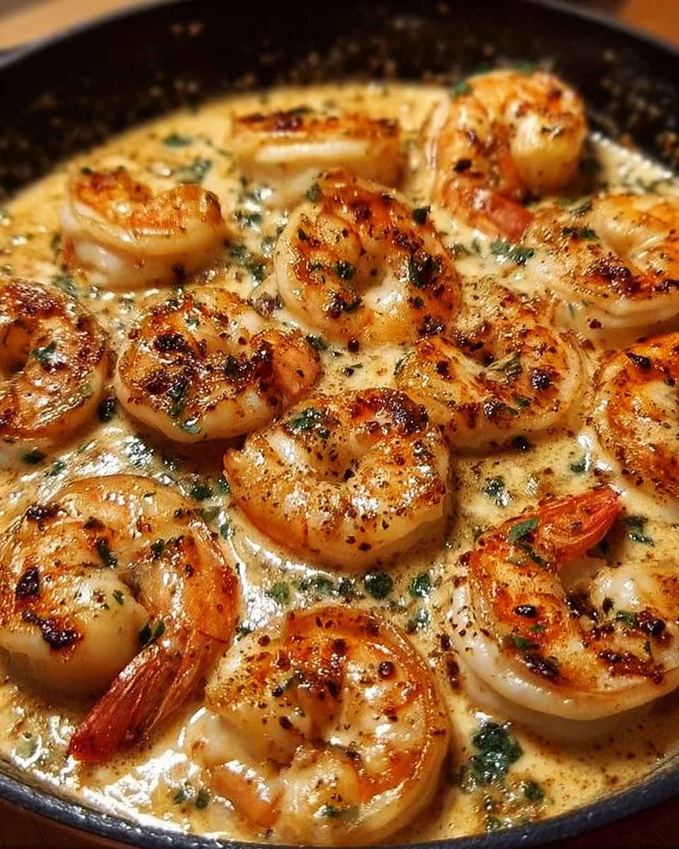 Crevettes en sauce crémeuse à l'italienne dans une assiette élégante.