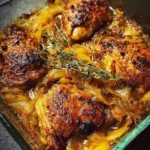 Cuisses de Poulet Yassa mariné servies avec du riz et des légumes.