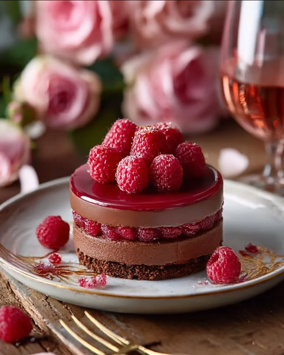 Entremet de la Saint-Valentin décoré avec des cœurs et des fleurs