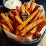 Assiette de frites croustillantes et légères servies avec une sauce