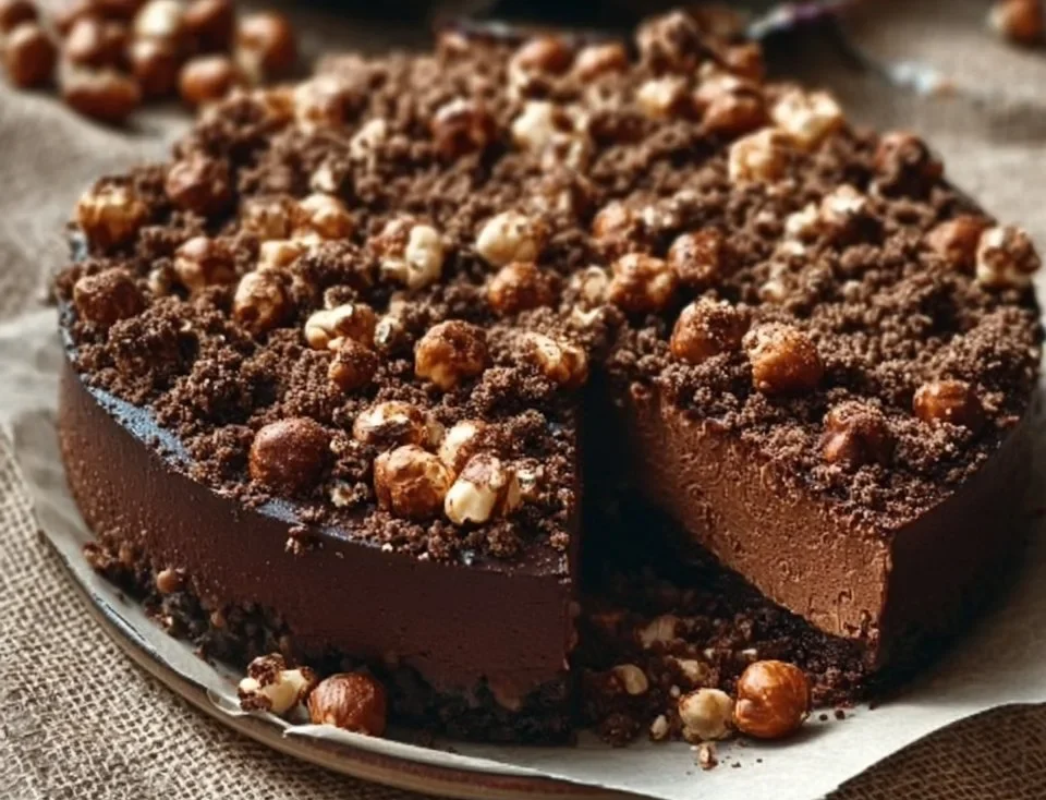 Gâteau au chocolat avec streusel cacao et noisettes caramélisées