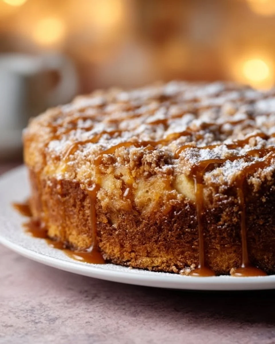 Gâteau crumble aux pommes avec une croûte dorée et des morceaux de pommes