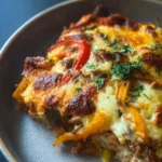 Gratin de fajitas savoureux avec légumes, viandes et fromage au four