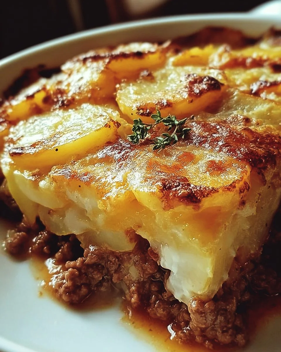 Gratin de pommes de terre et bœuf haché, plat réconfortant et savoureux.