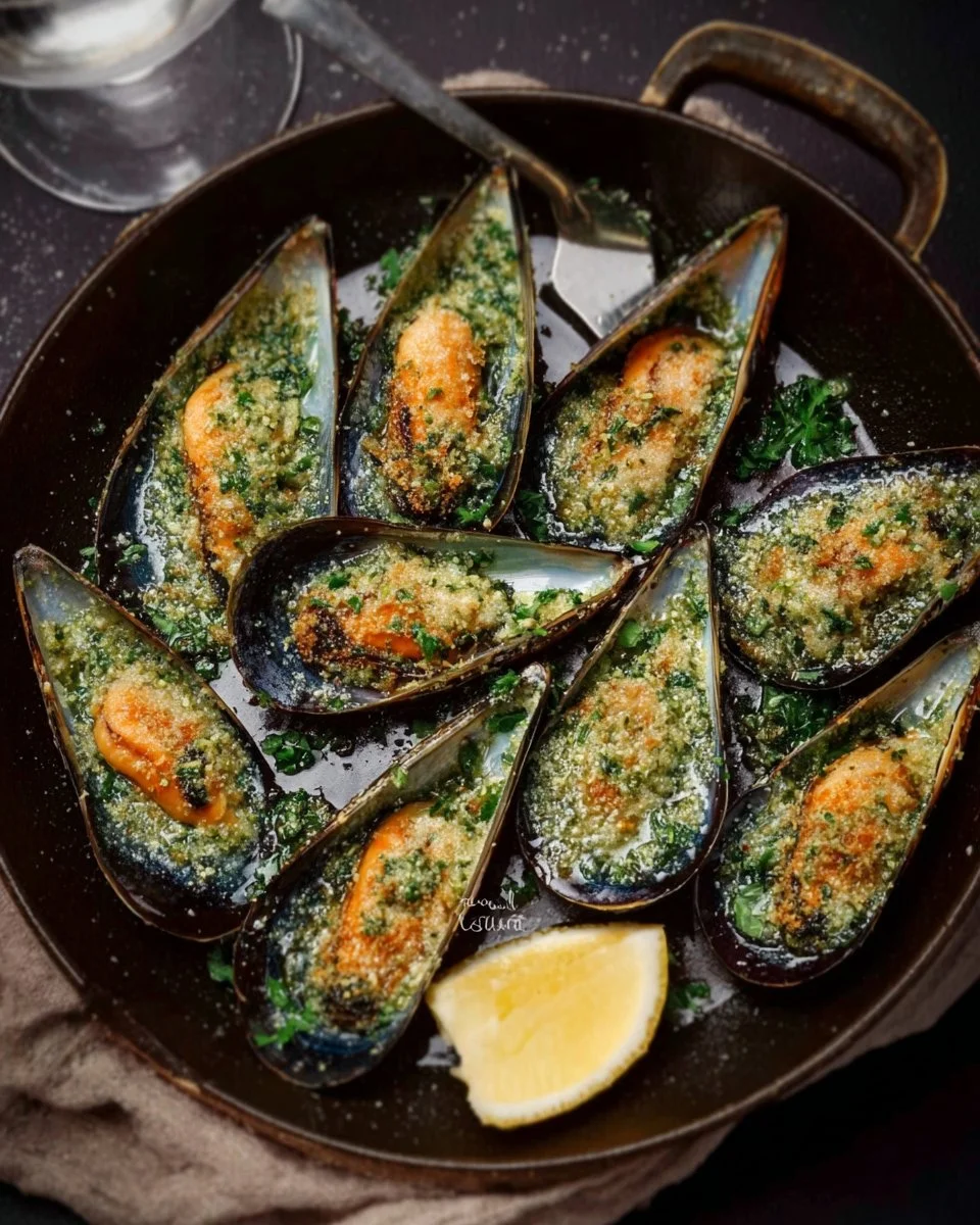Moules gratinées à la persillade servies dans un plat élégant