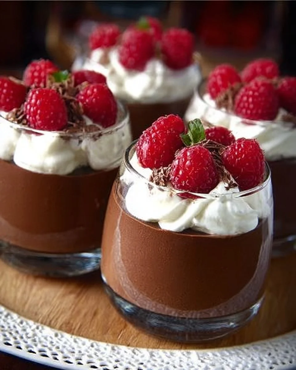 Mousse au chocolat garnie de framboises et crème chantilly