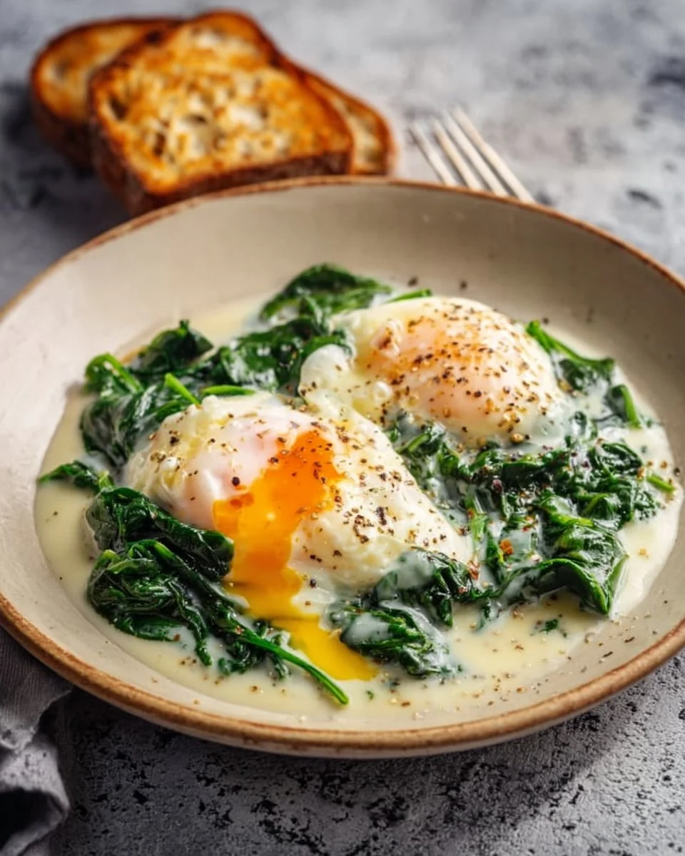 Oeufs à la Florentine servis avec épinards et sauce hollandaise.
