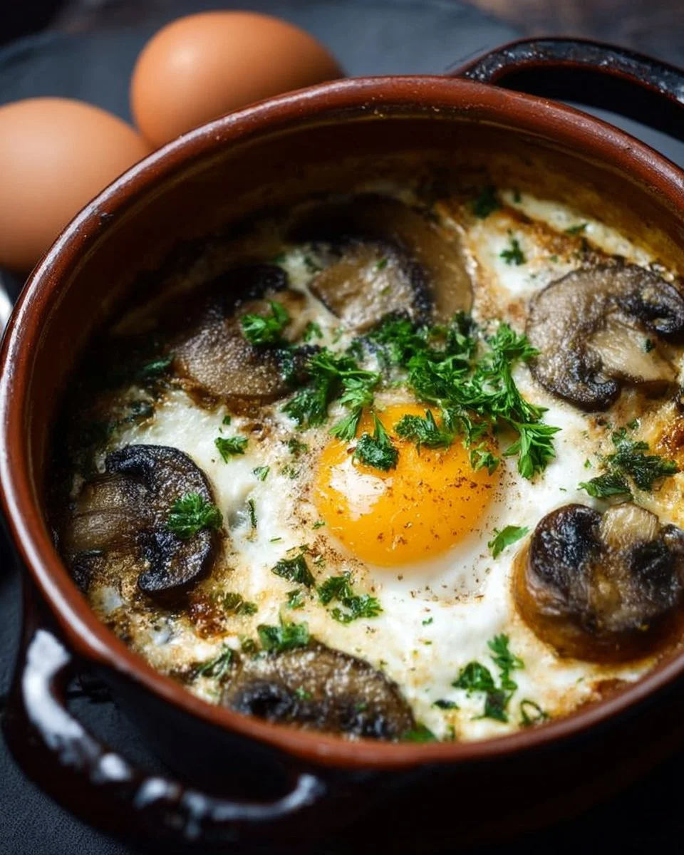 Oeufs Cocotte aux Champignons, un plat délicieux et réconfortant.