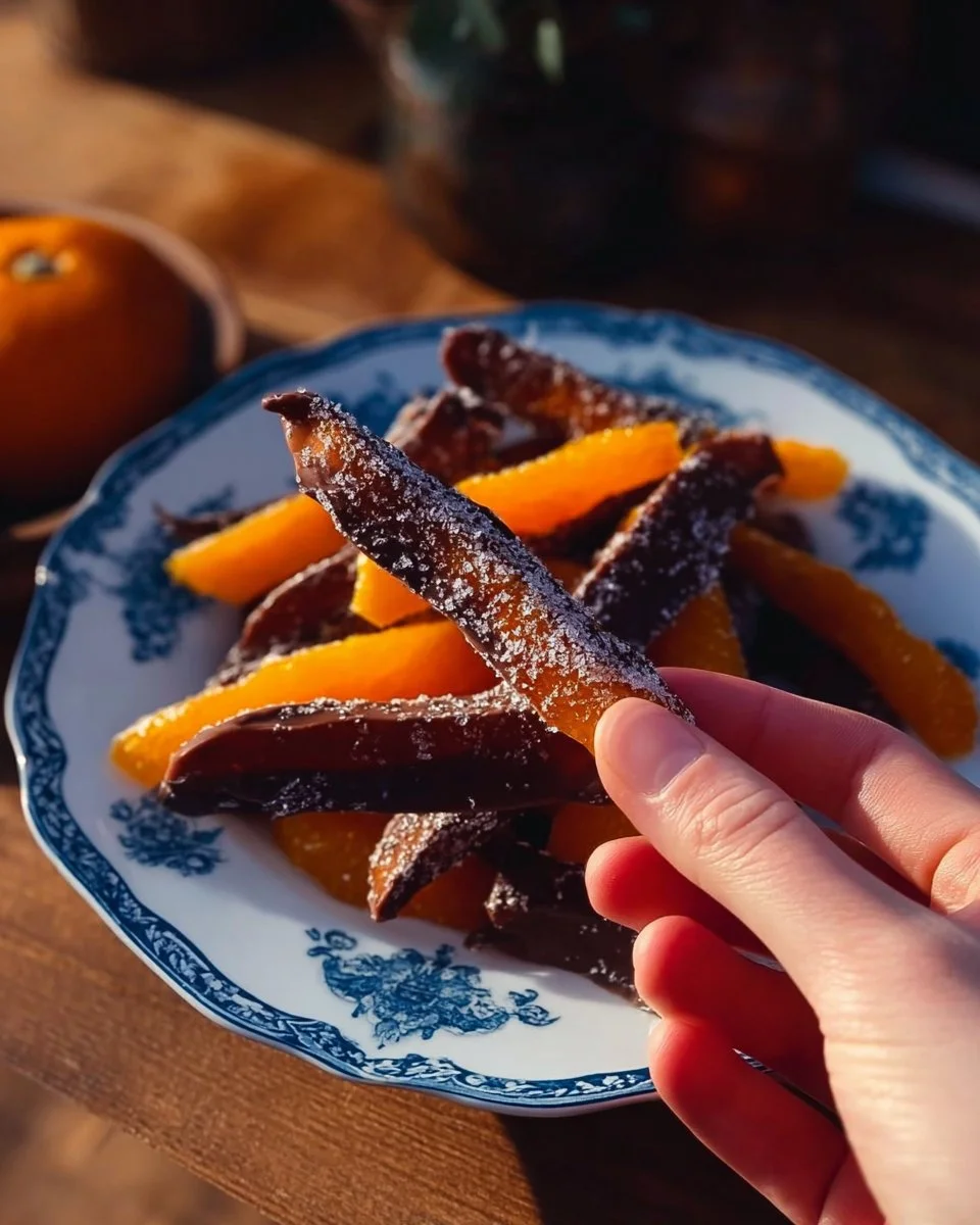 Orangettes maison faites avec des oranges confites enrobées de chocolat noir