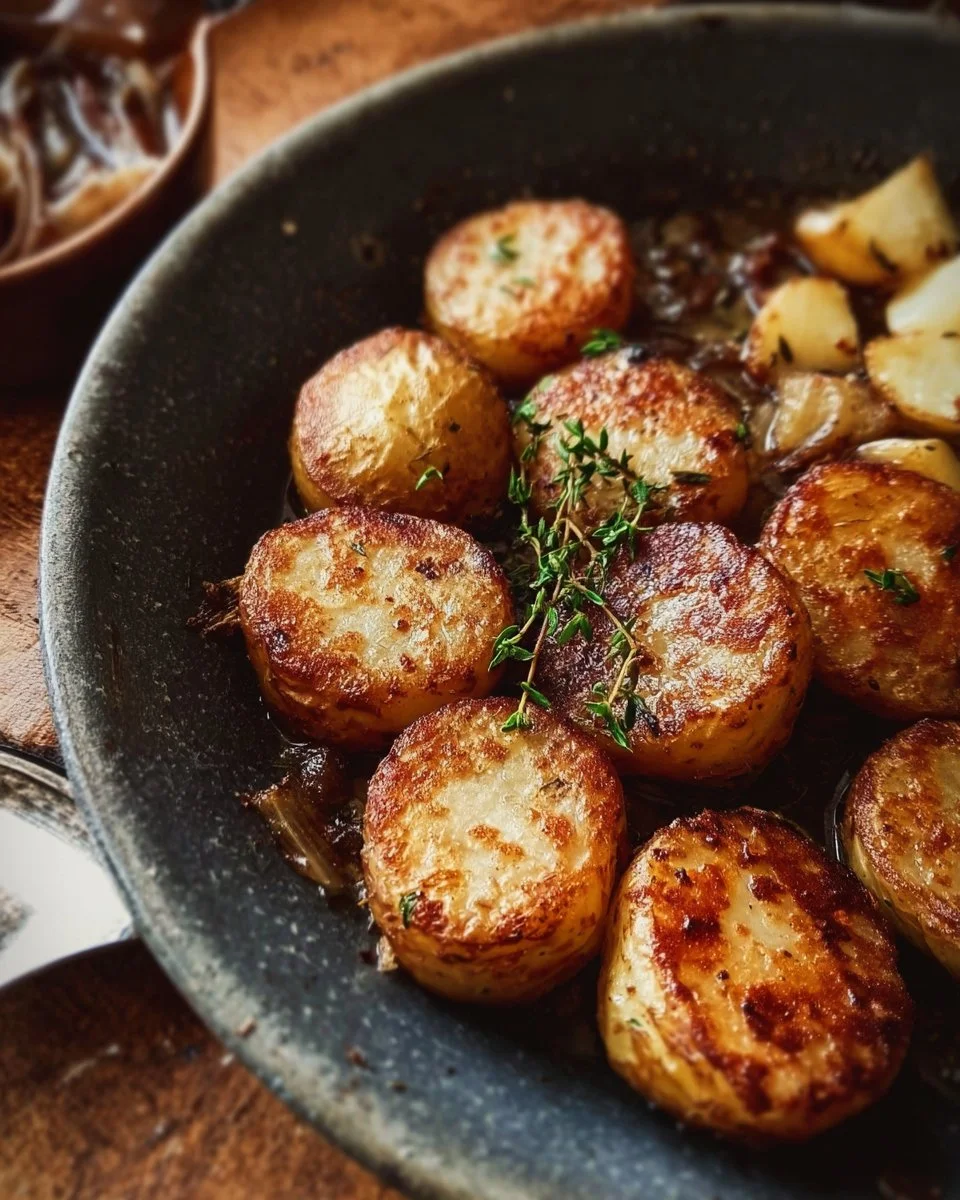 Pommes de terre rissolées dorées à la poêle, prêtes à être dégustées