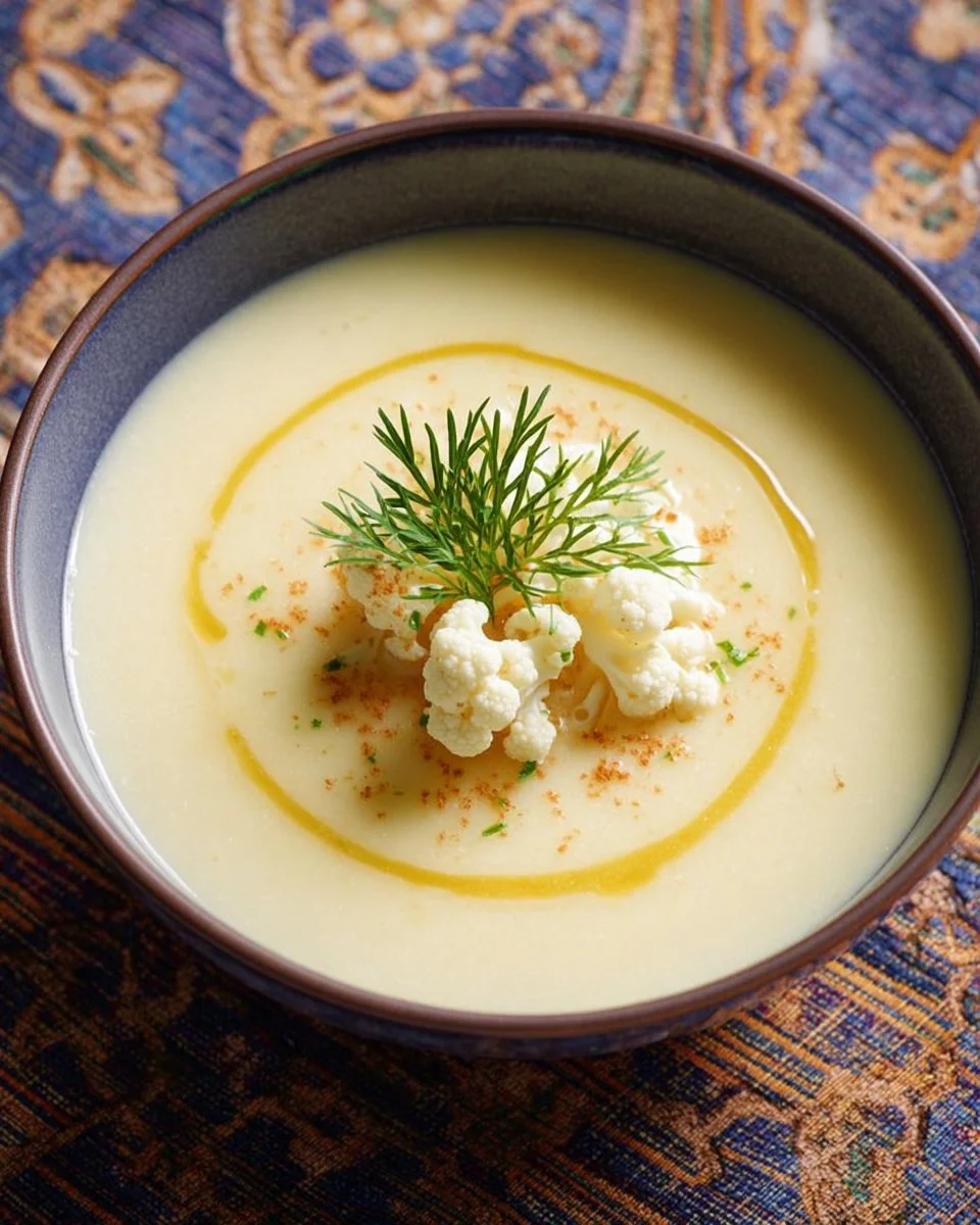 Bol de potage au chou-fleur crémeux et savoureux servi avec des herbes fraîches