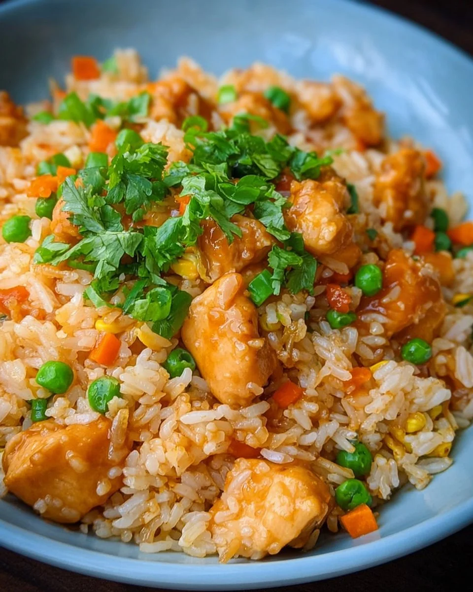 Poulet au beurre servi avec du riz sauté, plat savoureux et réconfortant.