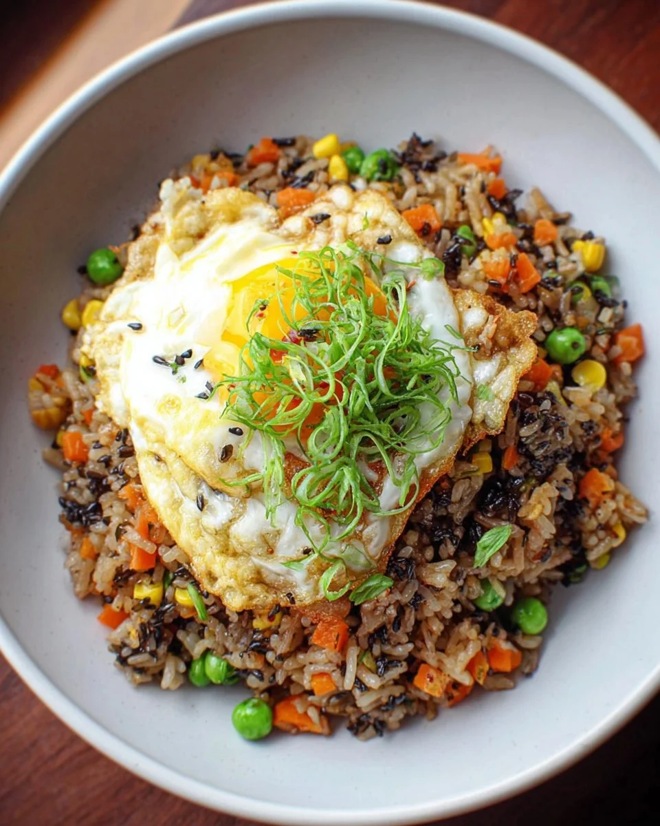 Assiette de riz frit à l'ail noir garnie d'herbes fraîches