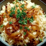 Riz pilaf à l'oignon savoureux servi dans un plat traditionnel