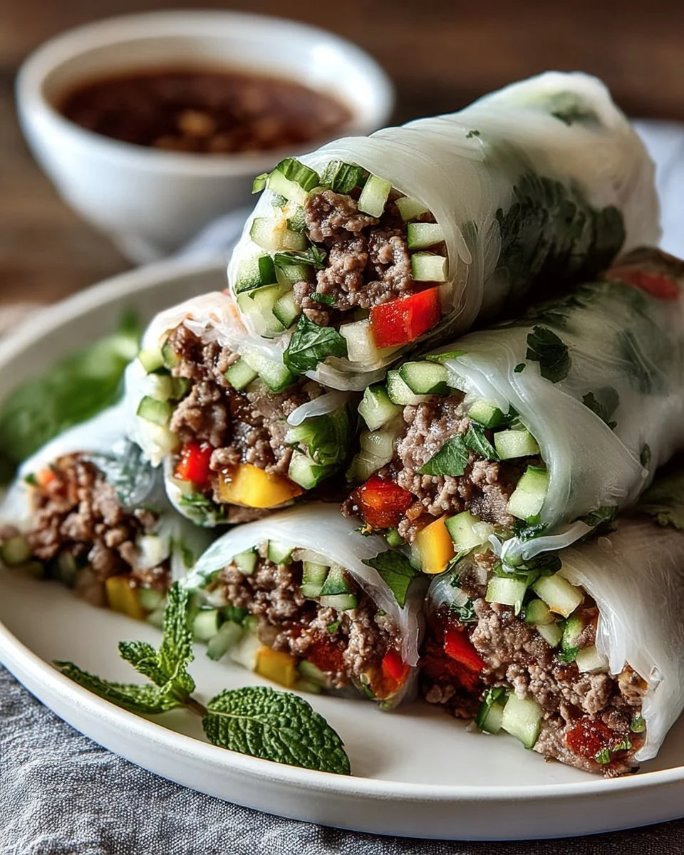 Rouleaux au bœuf et basilic thaï, délicieux et frais pour un repas savoureux.