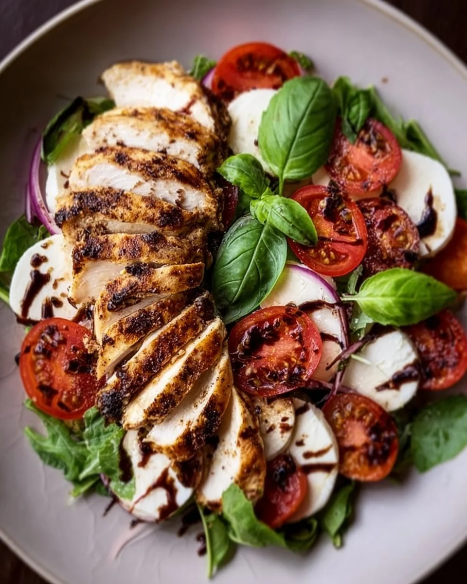 Salade Caprese au poulet grillé avec tomates, mozzarella et basilic
