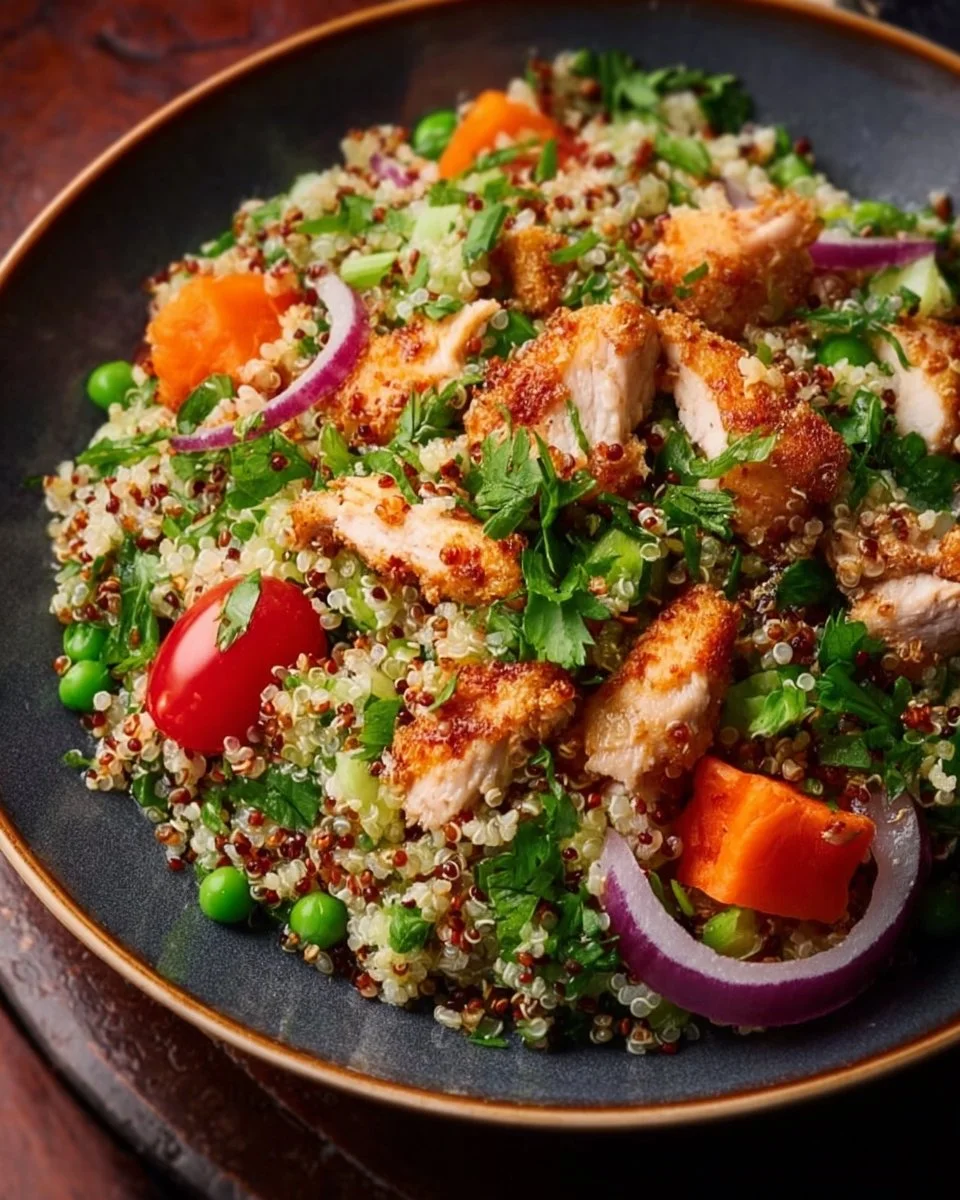 Salade complète quinoa poulet avec légumes frais et vinaigrette légère