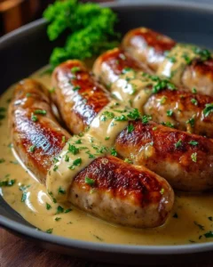 Saucisses dorées avec sauce crémeuse à la moutarde