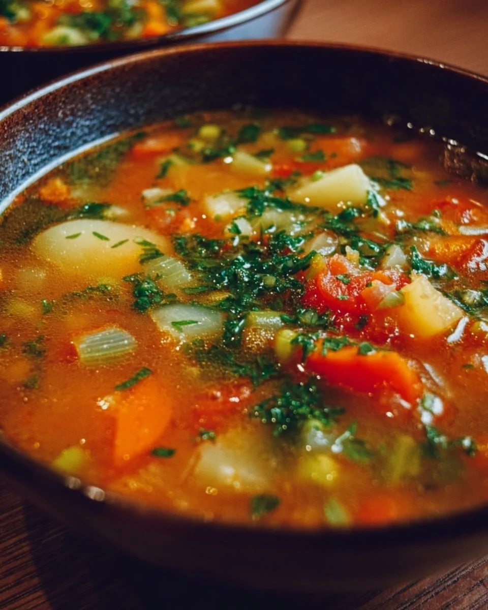 Soupe aux légumes colorée servie dans un bol en céramique.