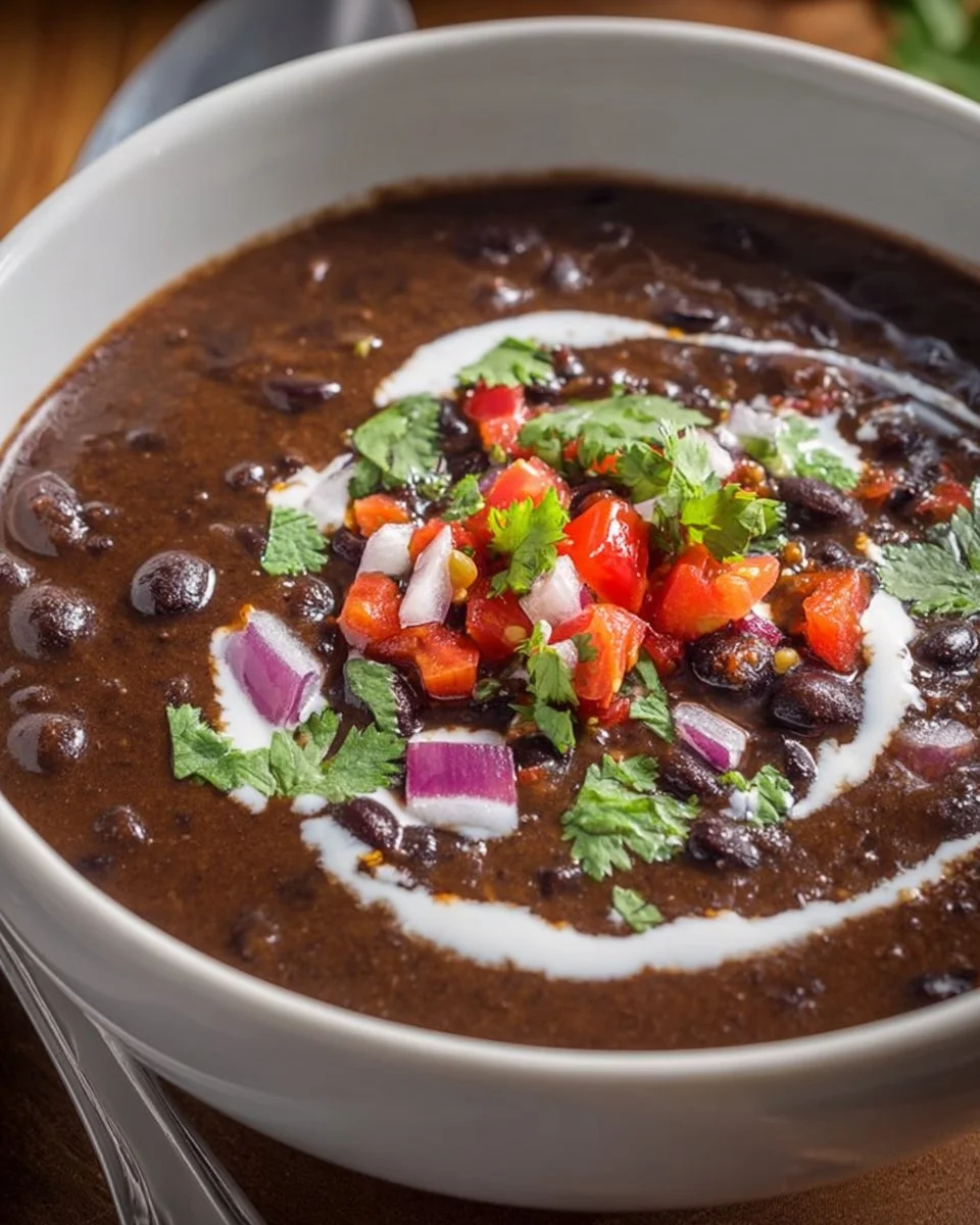 Soupe crémeuse aux haricots noirs servie dans un bol élégant.