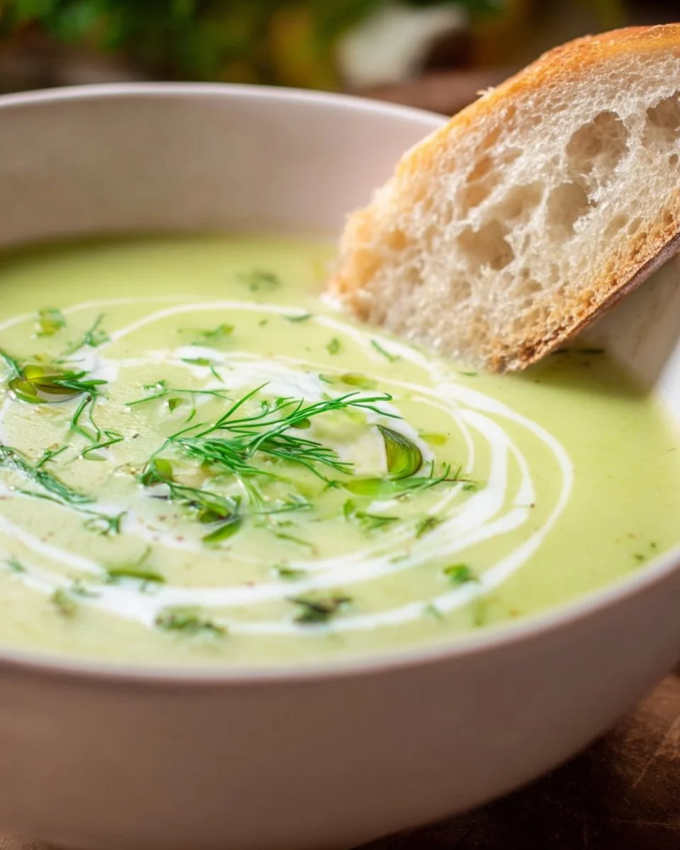 Bol de soupe crémeuse au céleri garnie d'herbes fraîches.