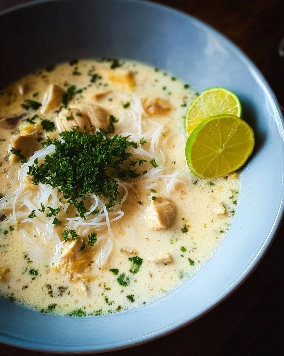 Soupe Thaï Poulet-Coco au Vermicelle, un plat asiatique savoureux et réconfortant.