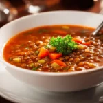 Soupe tomate lentilles corail servie dans un bol avec des herbes fraîches