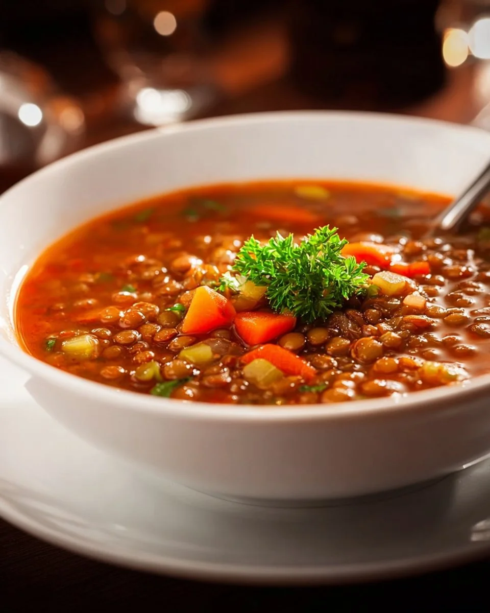 Soupe tomate lentilles corail servie dans un bol avec des herbes fraîches
