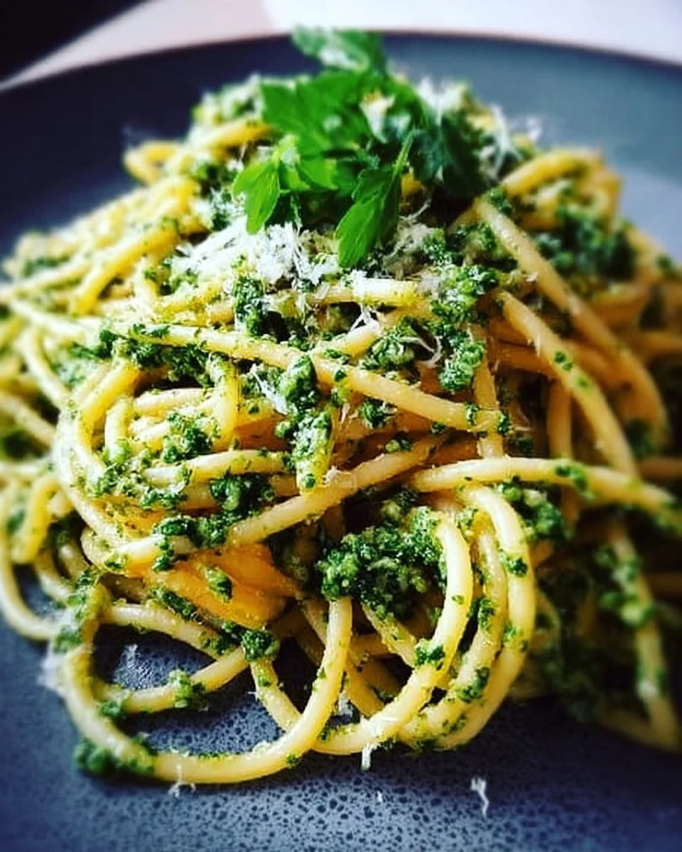 Spaghettis garnis de pesto de cresson frais et savoureux