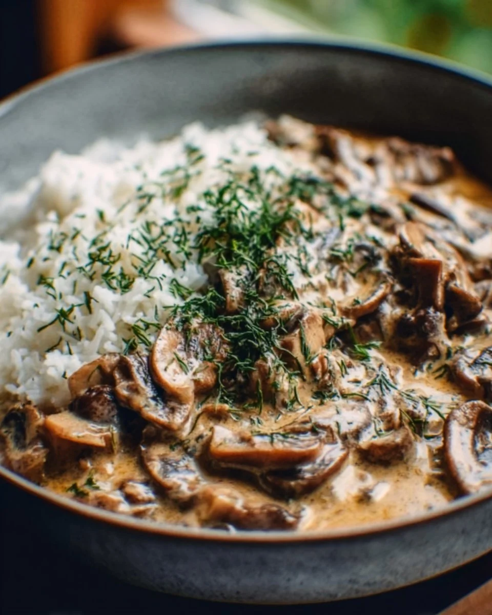 Stroganoff aux Champignons servi avec des pâtes et des herbes fraîches