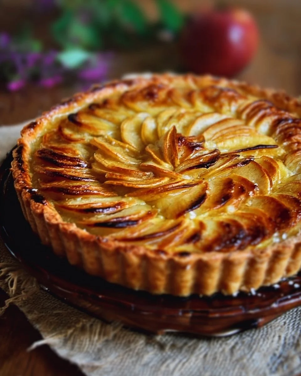 Tarte aux pommes à la crème pâtissière, un dessert maison savoureux et réconfortant.