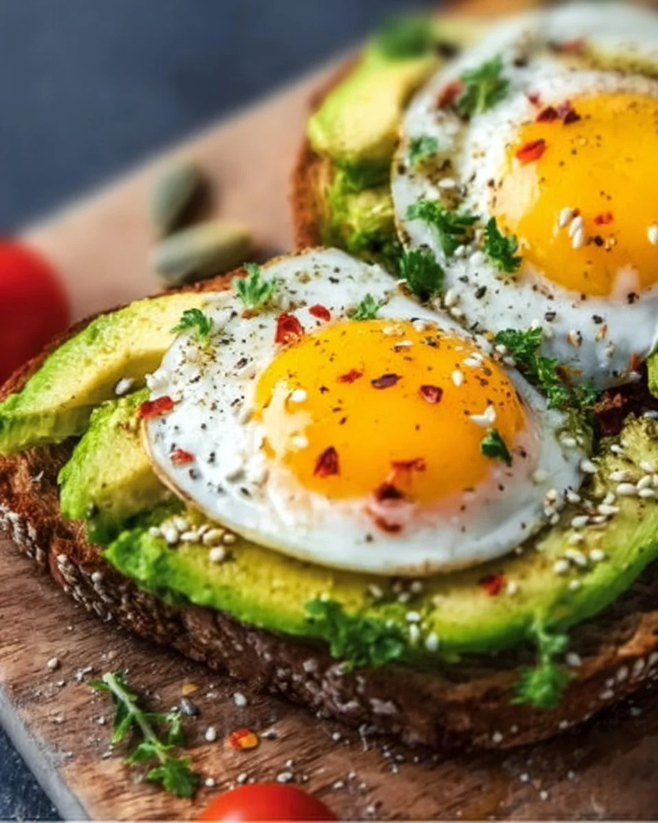 Toast à l'avocat avec œufs parfaits pour un petit-déjeuner savoureux.