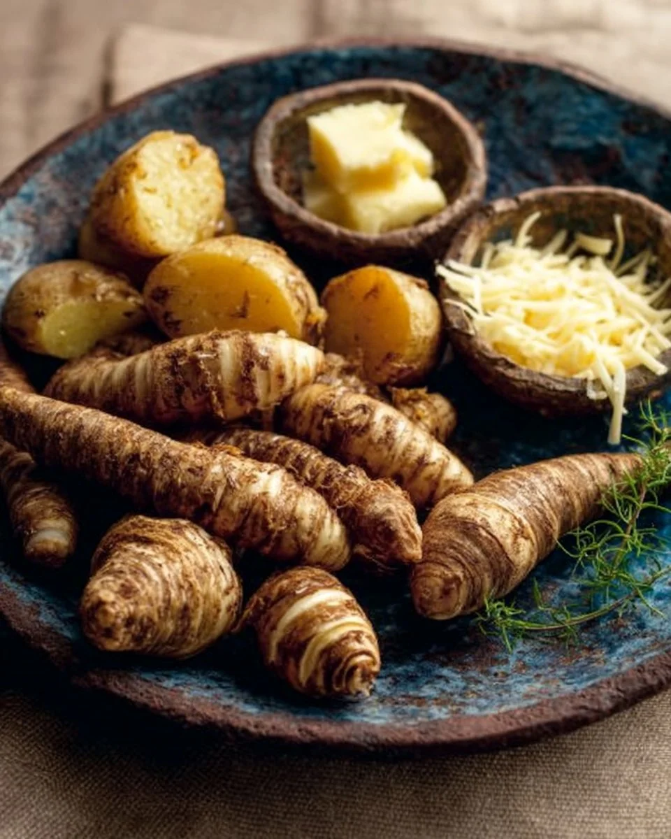 Topinambours rôtis au four, plat savoureux et coloré, prêt à servir.