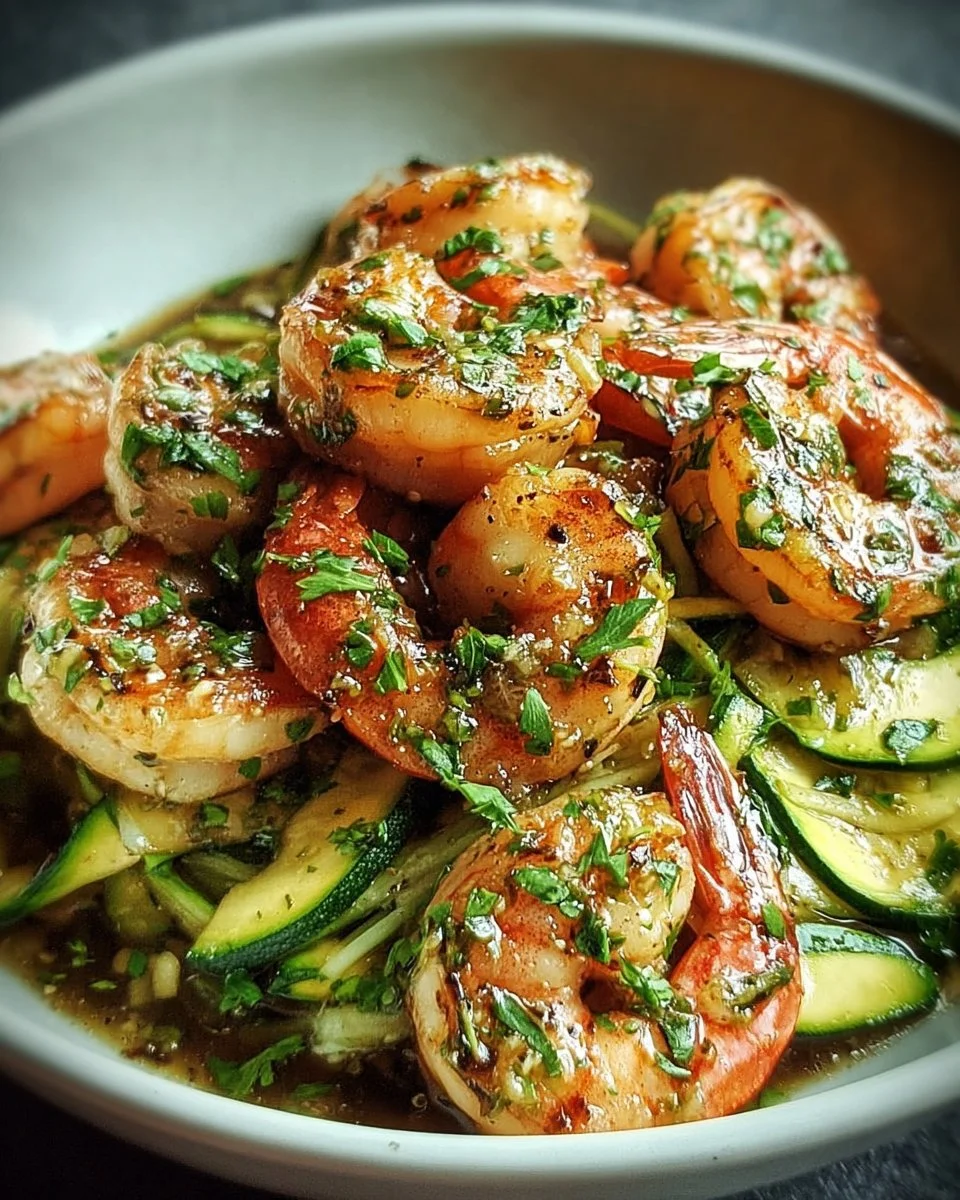 Crevettes au beurre d'ail accompagnées de courgettes fraîchement sautées