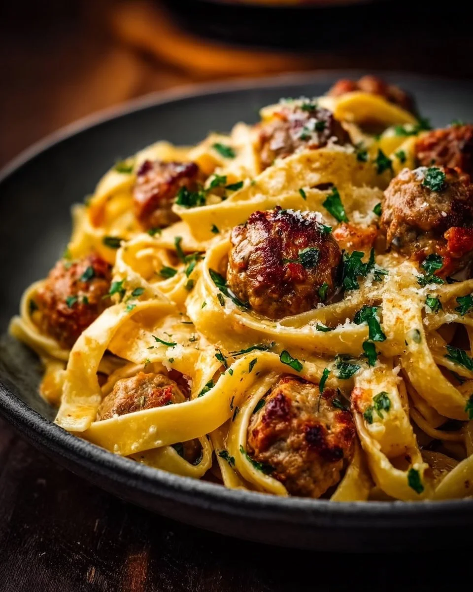 Fettuccine Saucisse Italienne Crémeuse avec une sauce riche et crémeuse