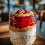 Bol de flocons d'avoine avec beurre d'arachide et confiture de fraises