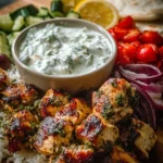 Plat de poulet grec souvlaki tzatziki avec légumes colorés