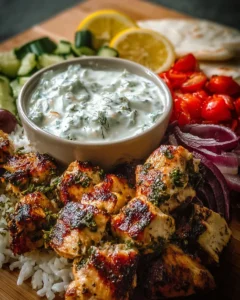 Poulet grec souvlaki tzatziki légumes