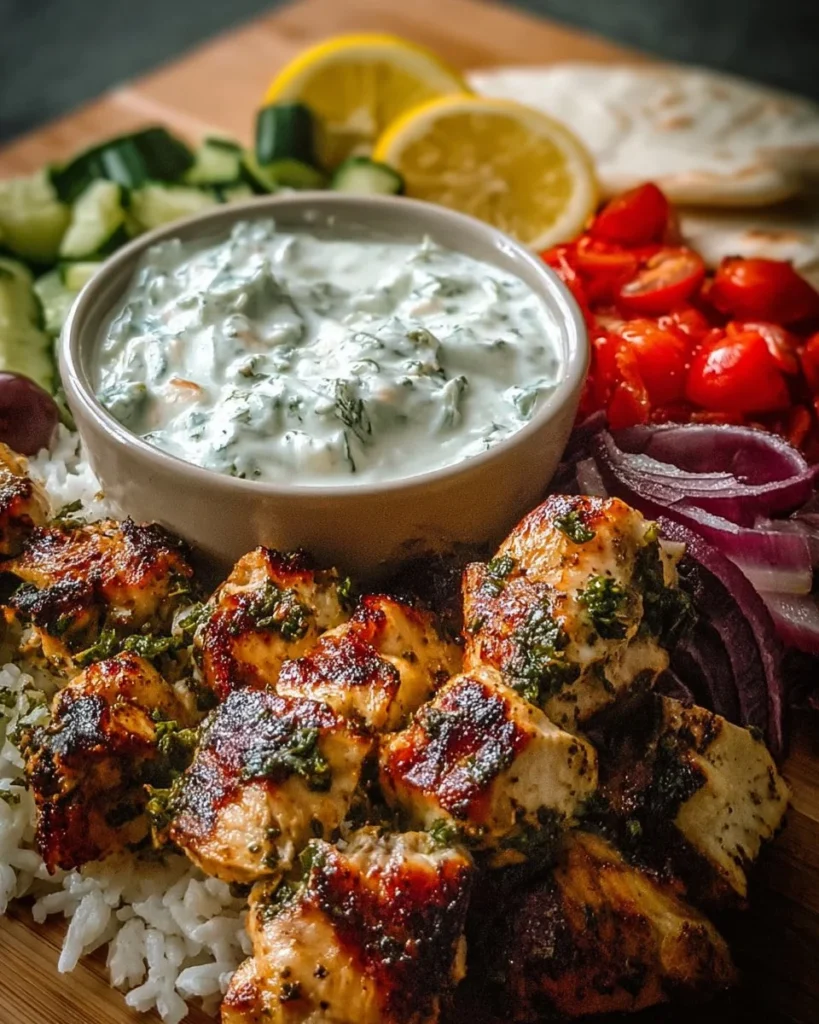 Poulet grec souvlaki tzatziki légumes