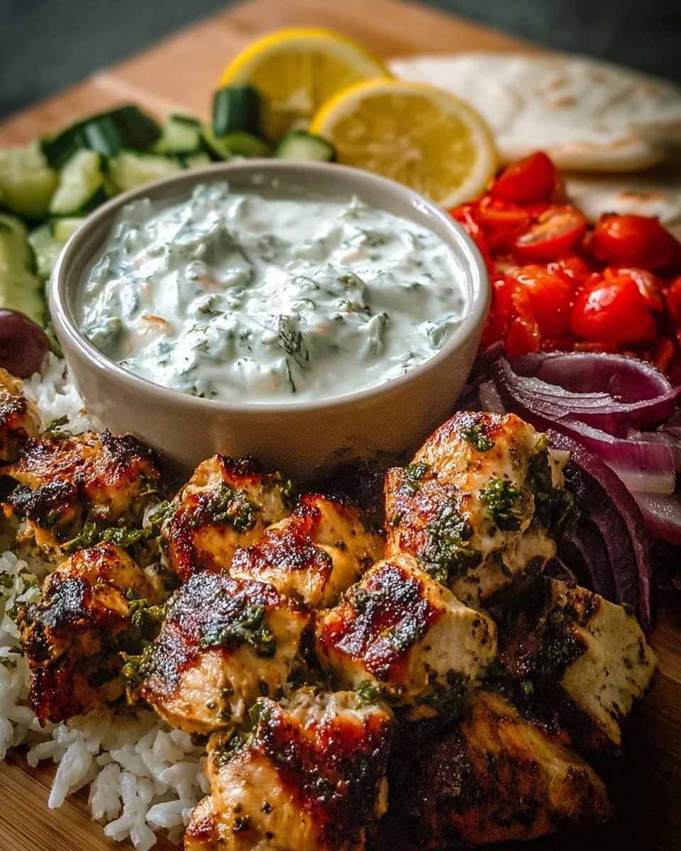 Plat de poulet grec souvlaki tzatziki avec légumes colorés