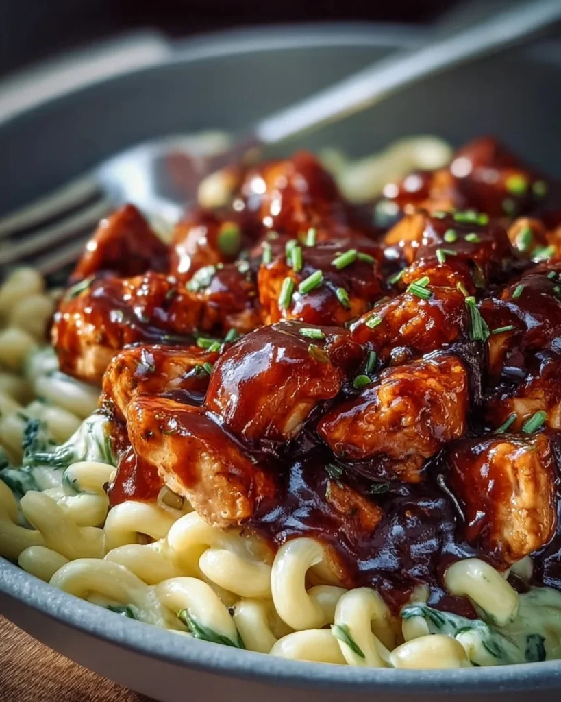 Poulet miel BBQ cheddar pâtes