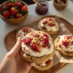 Biscuits au cheesecake à la fraise garnis d'une belle couche de fruits rouges.