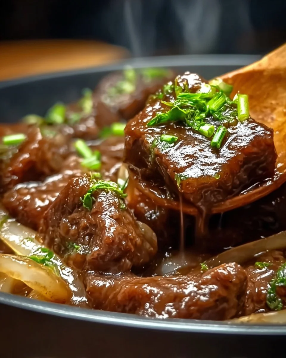 Plat de Boeuf Sauté aux Oignons bien présenté sur une assiette