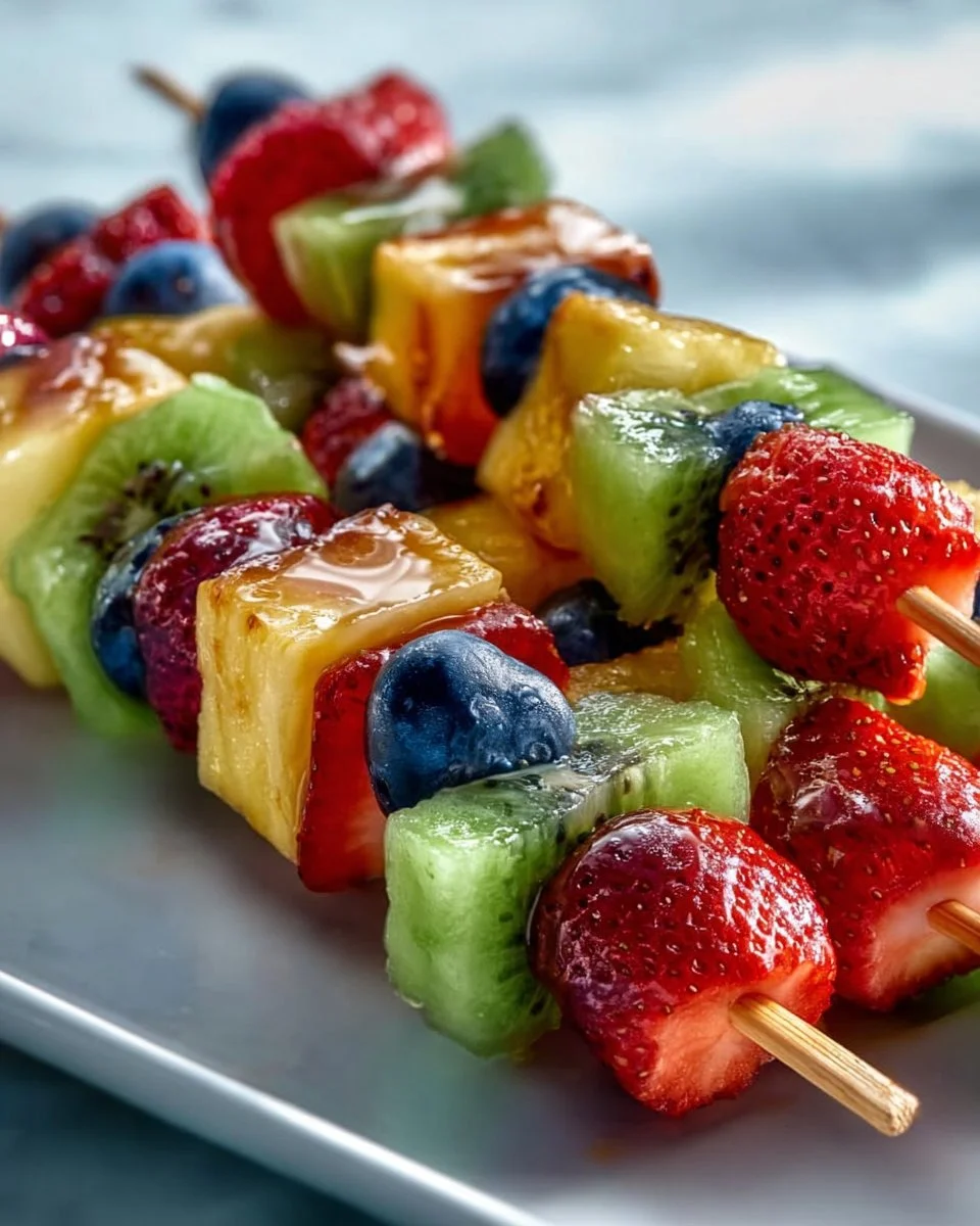 Brochettes de fruits arc-en-ciel avec dip au miel présenté sur une assiette