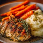 Poulet aux herbes et à l'ail accompagné de purée de pommes de terre et de carottes.