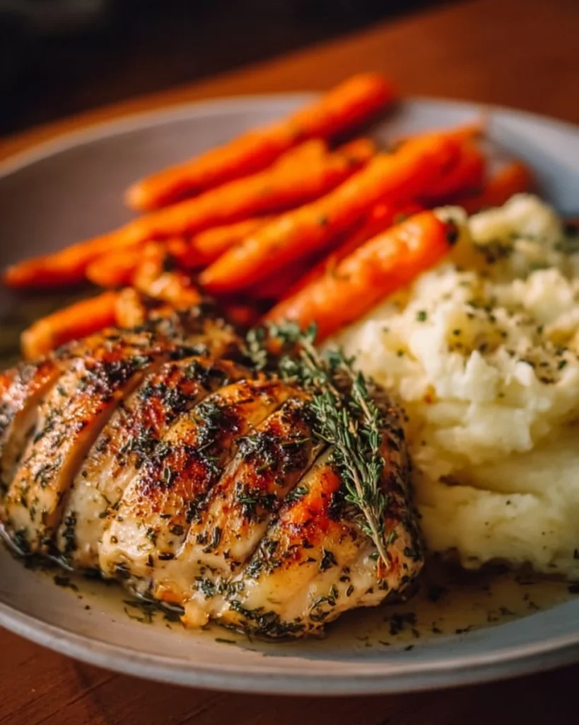 Chicken with Garlic Herbs, Mashed Potatoes, and Carrots