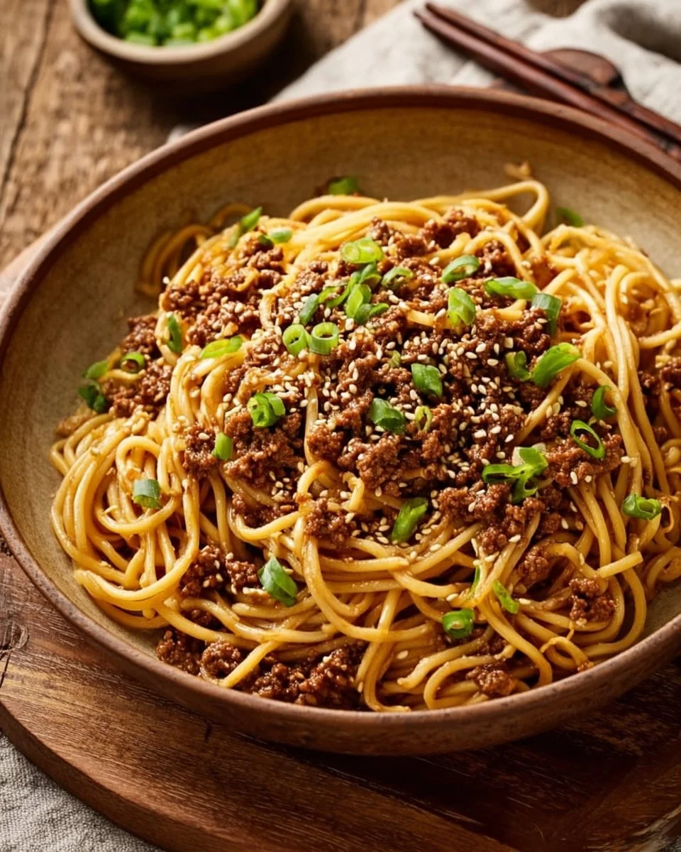 Nouilles au bœuf haché mongolien servies avec des légumes frais