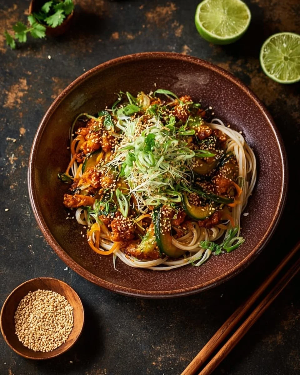Plat de nouilles de riz au tofu croustillant avec sauce orange et cari rouge