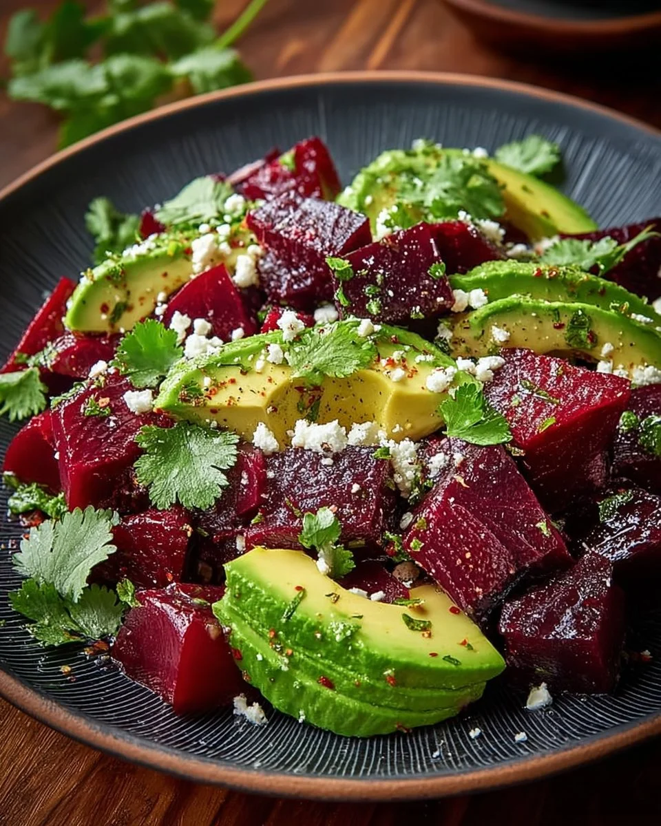 Salade de betteraves, avocat et feta garnie sur une assiette colorée.