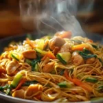 Wok de Poulet aux Nouilles et Légumes prêts à être servis dans une assiette